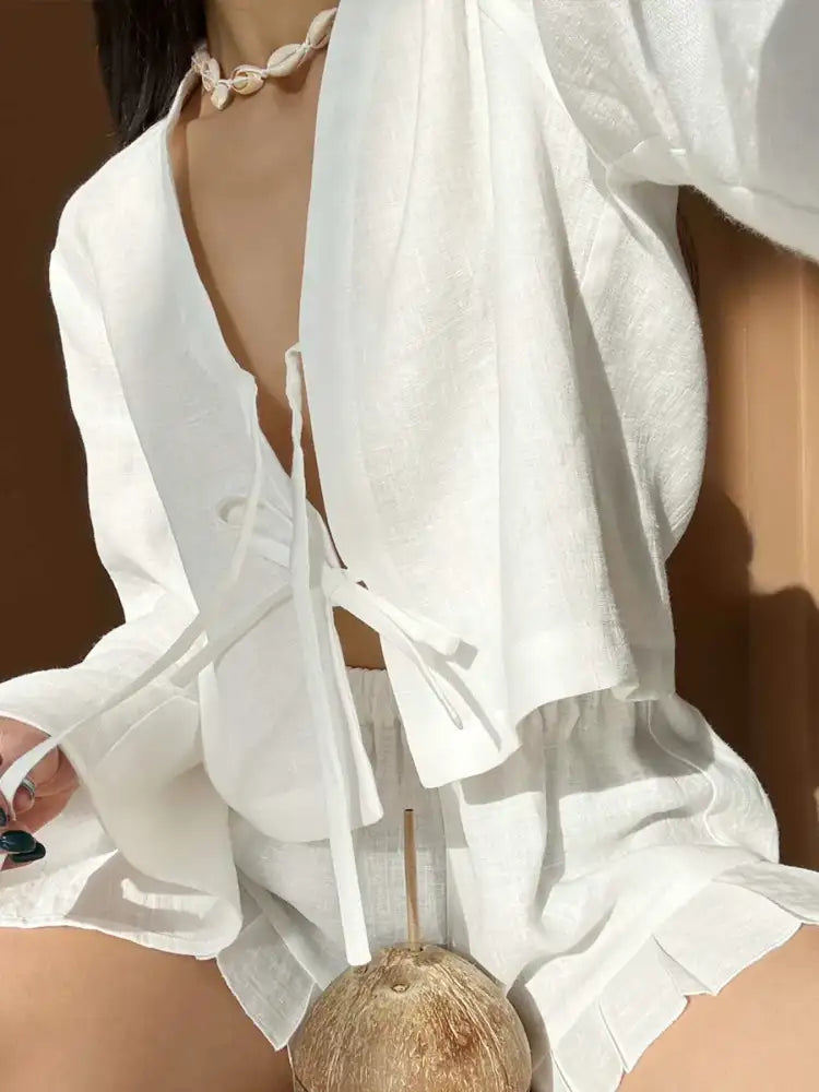 Tie Front Long Sleeve Top and Shorts Set