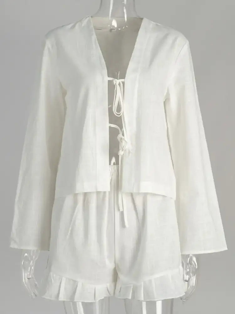 Tie Front Long Sleeve Top and Shorts Set