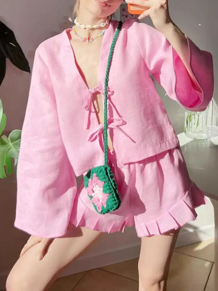 Tie Front Long Sleeve Top and Shorts Set