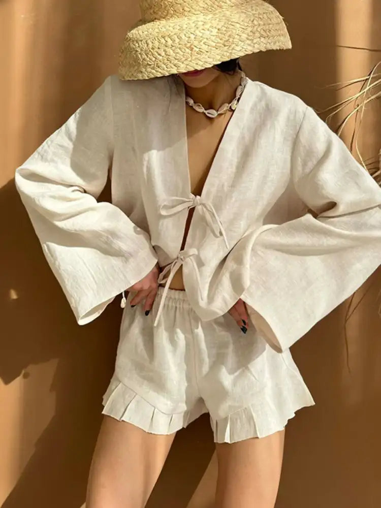Tie Front Long Sleeve Top and Shorts Set