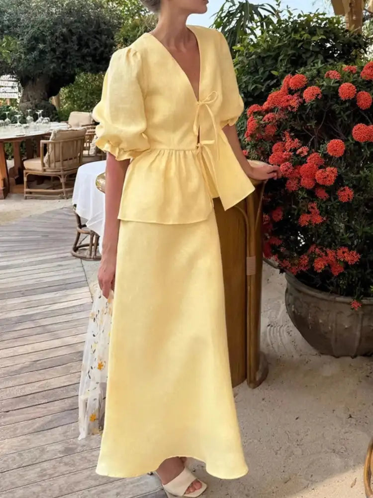 Tie Front Peplum Top and Skirt Set