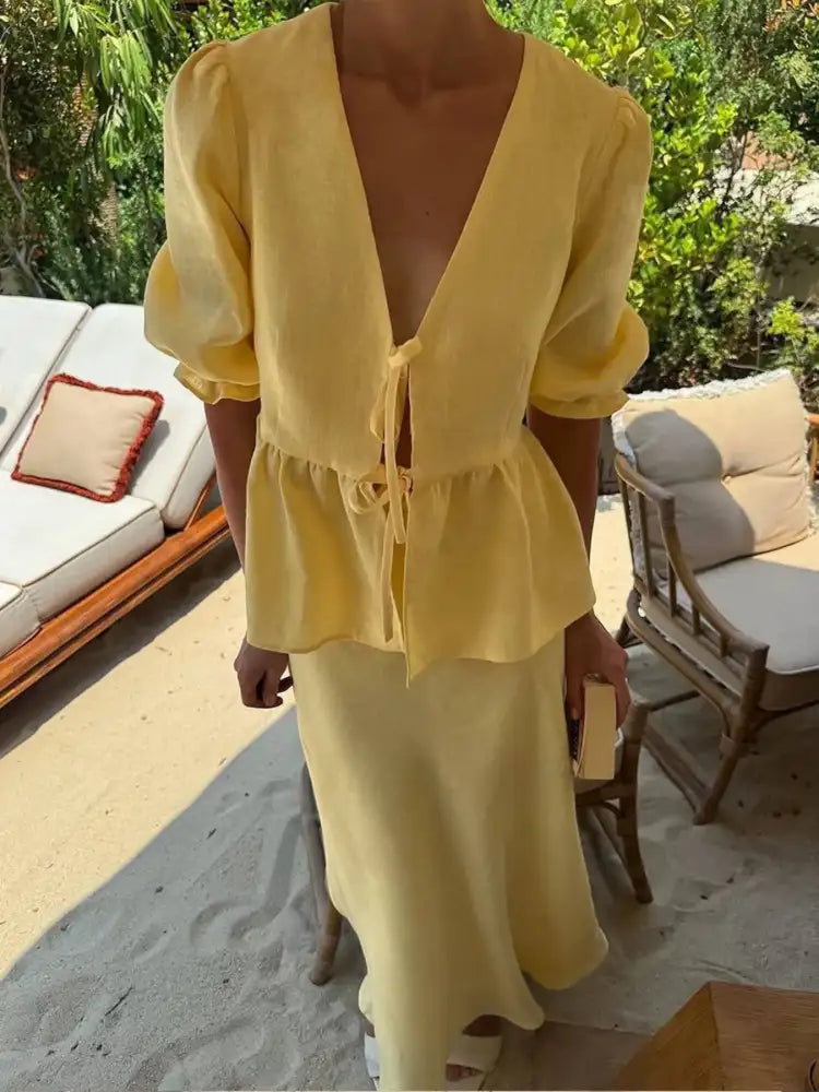 Tie Front Peplum Top and Skirt Set