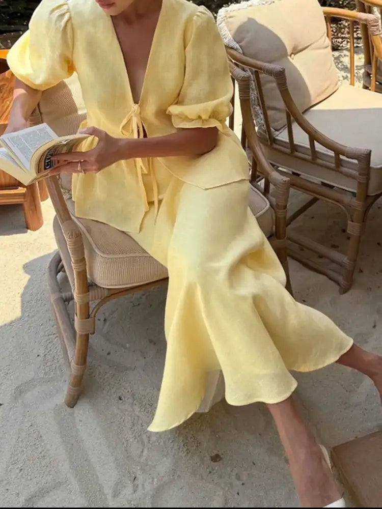 Tie Front Peplum Top and Skirt Set