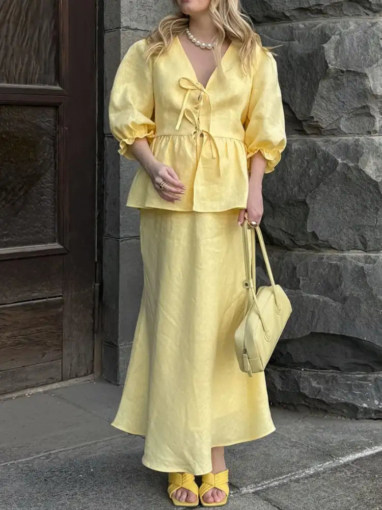 Tie Front Peplum Top and Skirt Set