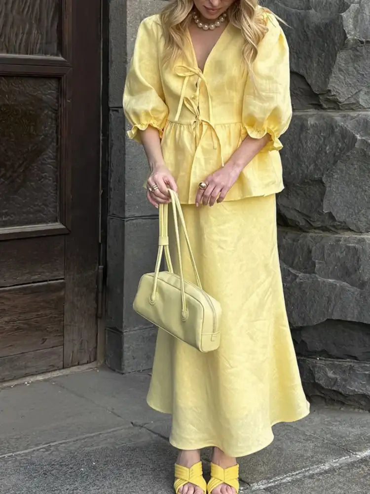 Tie Front Peplum Top and Skirt Set