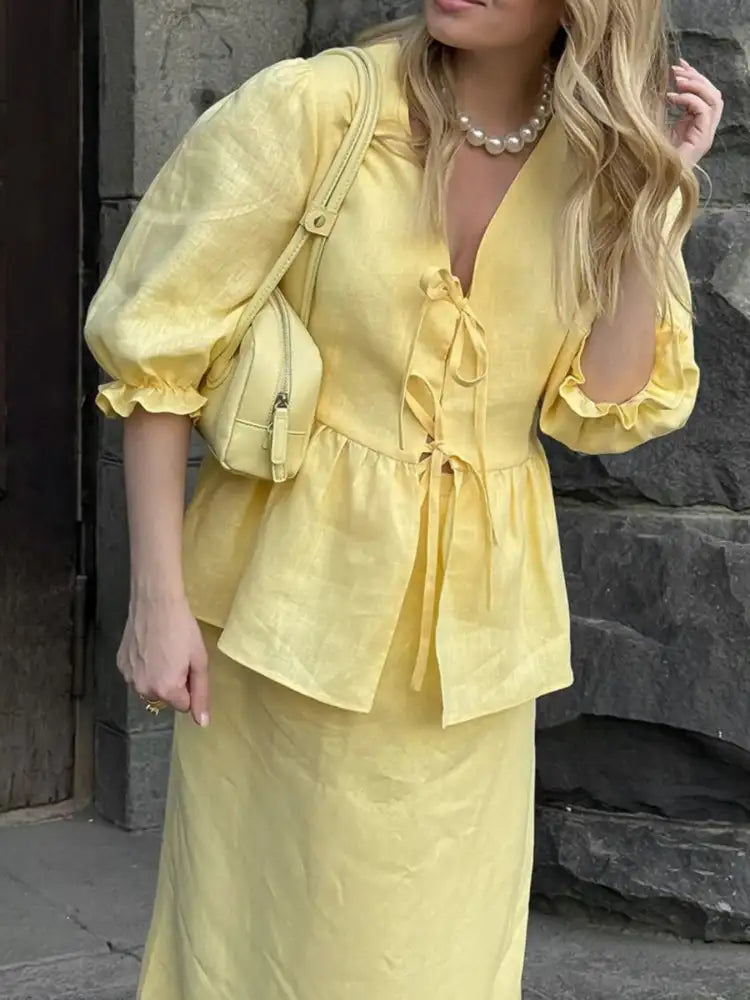 Tie Front Peplum Top and Skirt Set