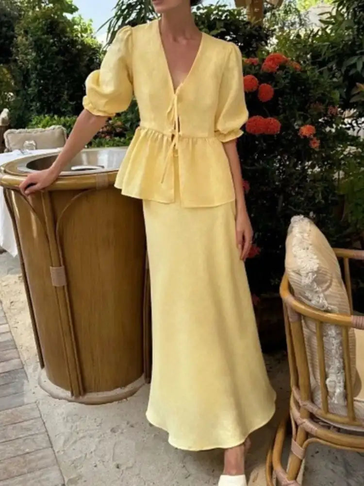 Tie Front Peplum Top and Skirt Set