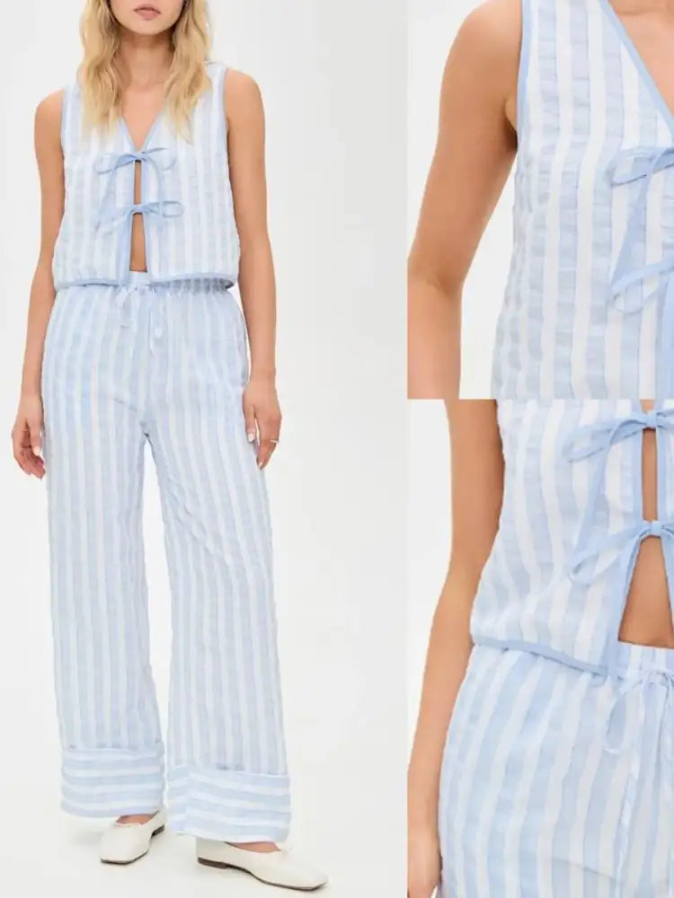 Tie Front Striped Vest and Pants Set