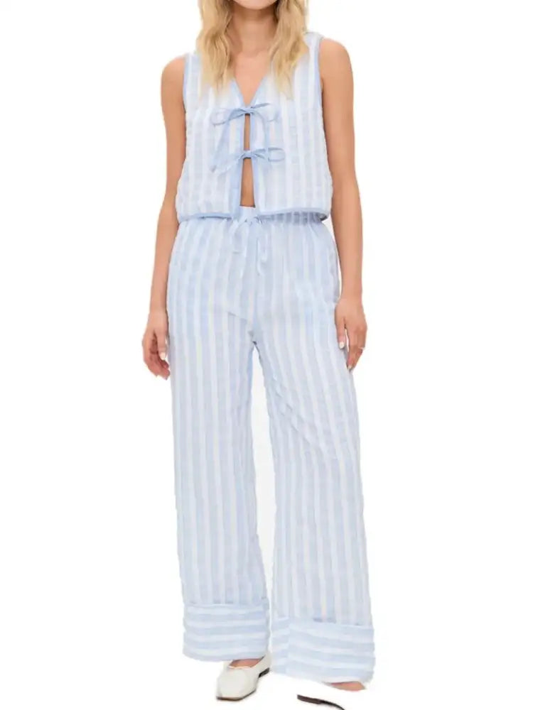 Tie Front Striped Vest and Pants Set