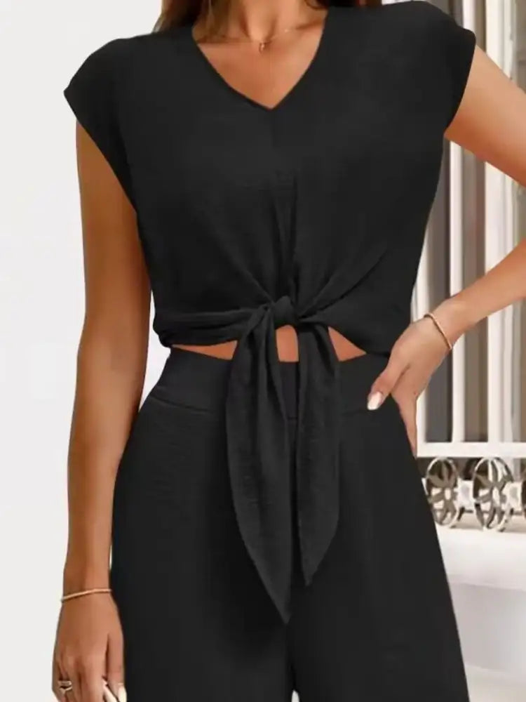 Tie Front Top and Wide Leg Pants Set
