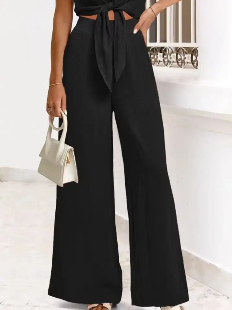 Tie Front Top and Wide Leg Pants Set