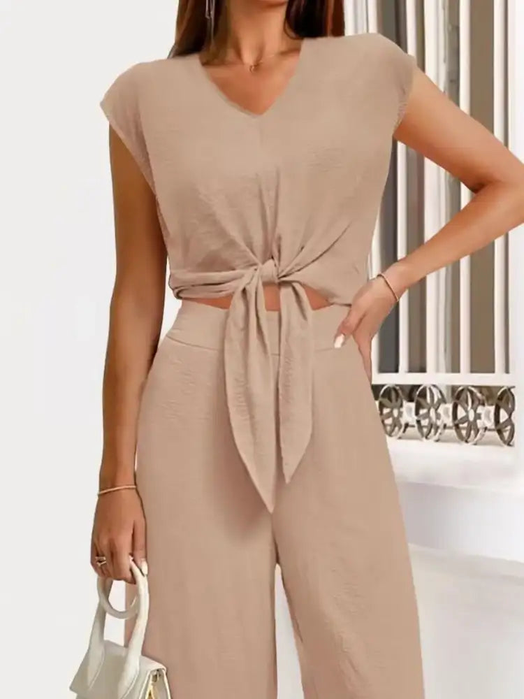 Tie Front Top and Wide Leg Pants Set