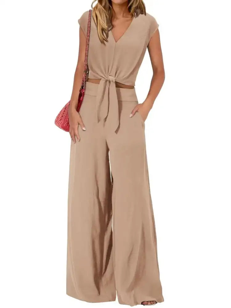 Tie Front Top and Wide Leg Pants Set