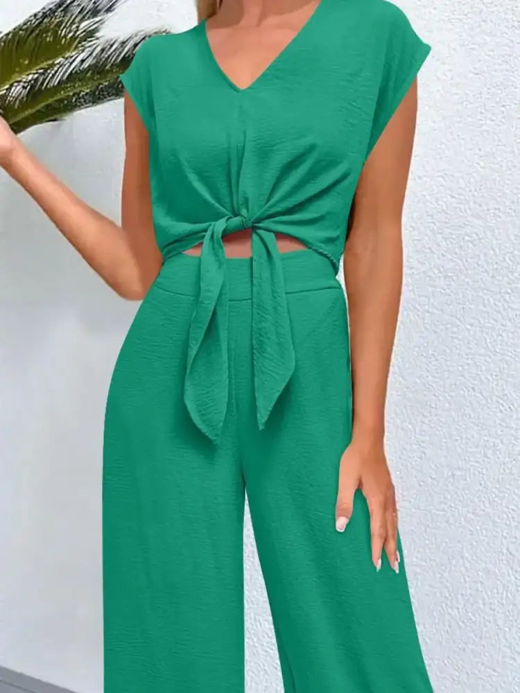 Tie Front Top and Wide Leg Pants Set