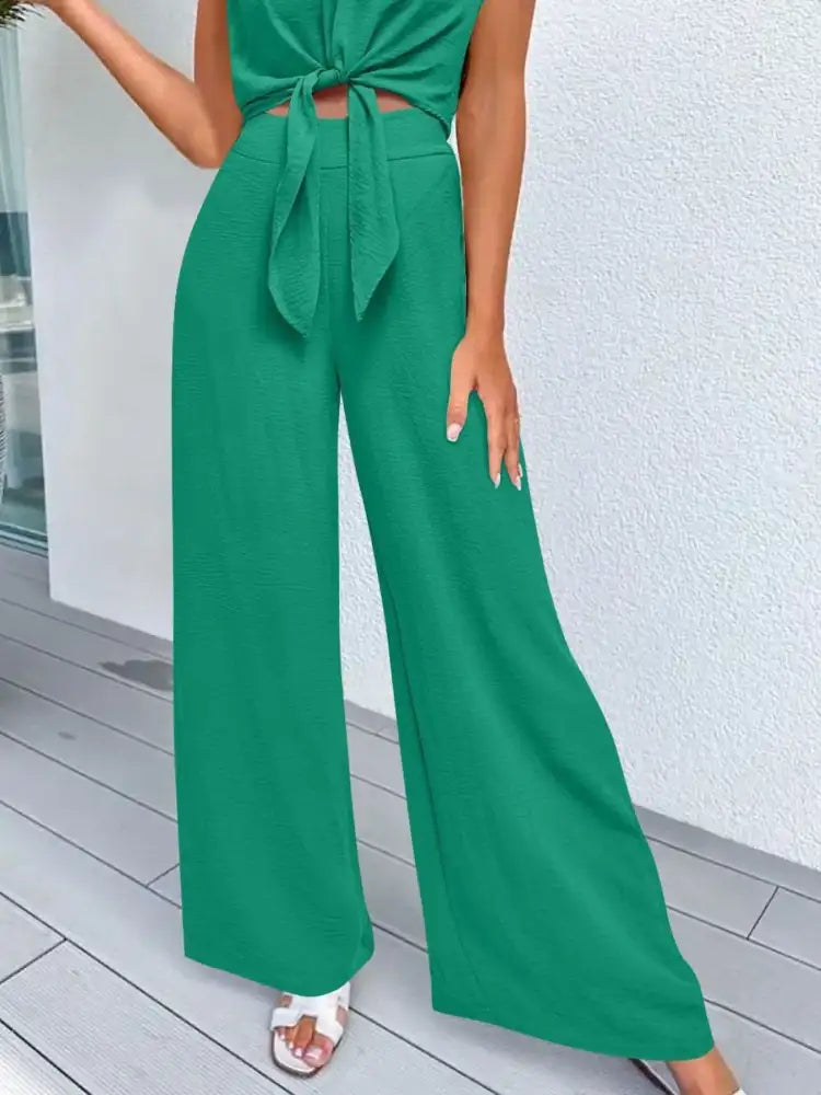 Tie Front Top and Wide Leg Pants Set