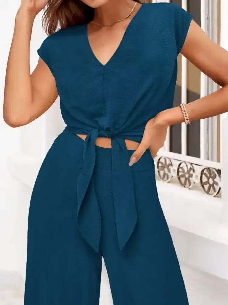 Tie Front Top and Wide Leg Pants Set