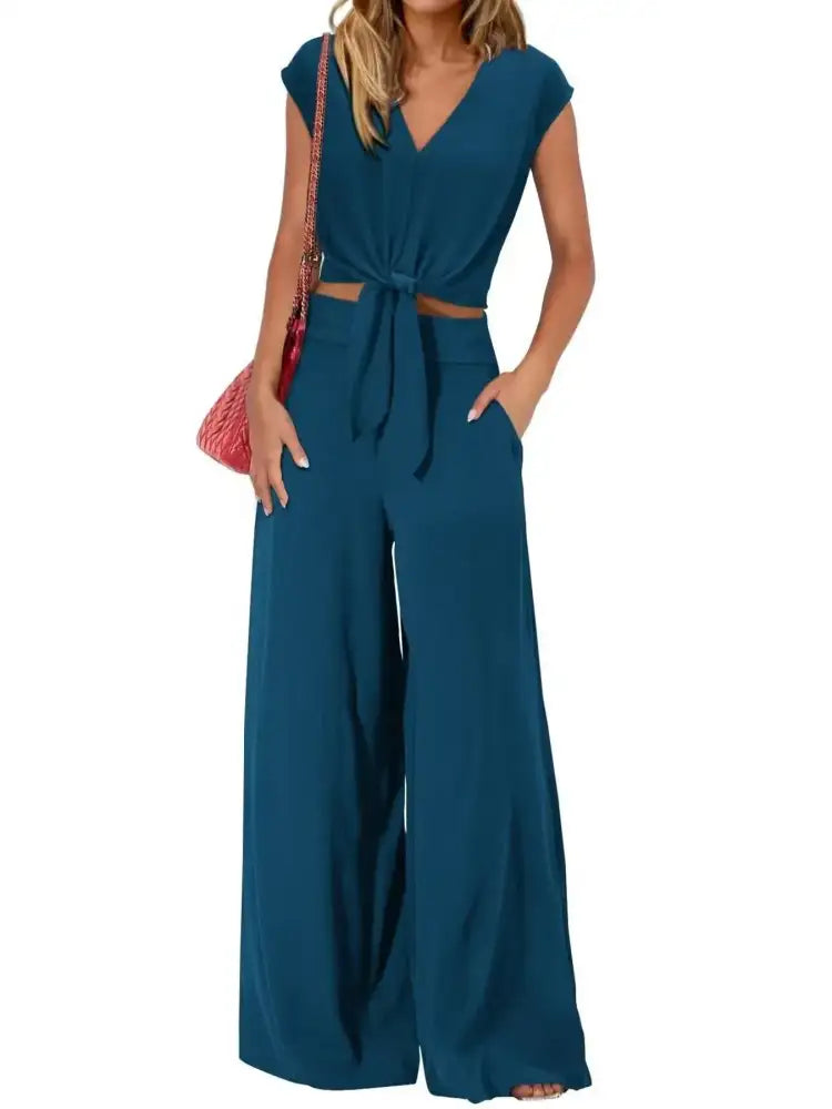 Tie Front Top and Wide Leg Pants Set