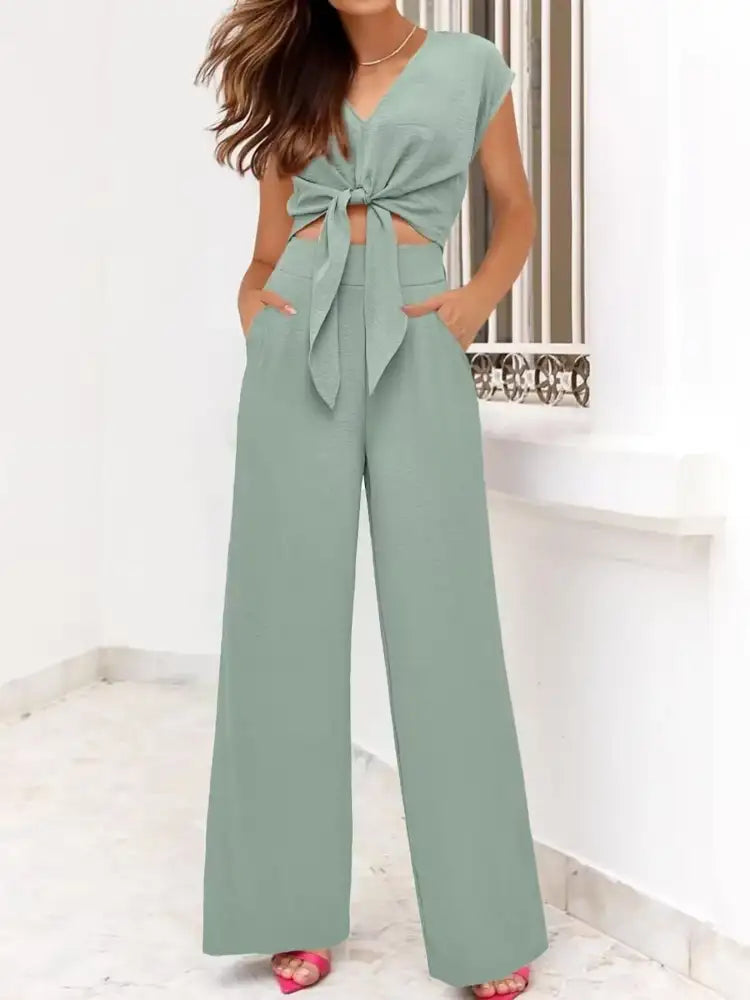 Tie Front Top and Wide Leg Pants Set