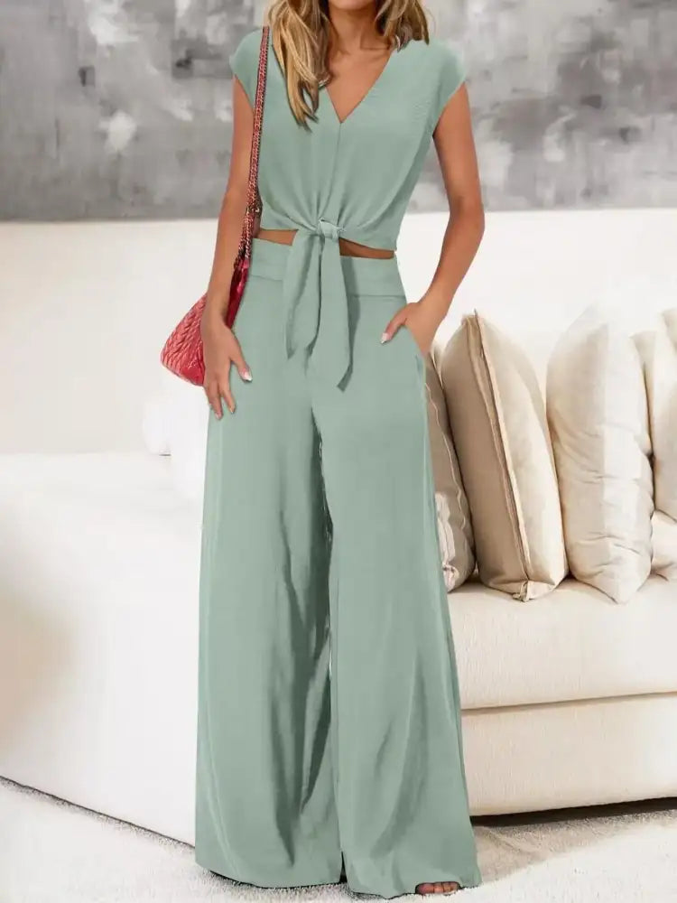 Tie Front Top and Wide Leg Pants Set