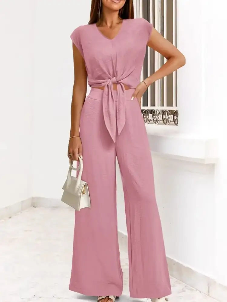 Tie Front Top and Wide Leg Pants Set