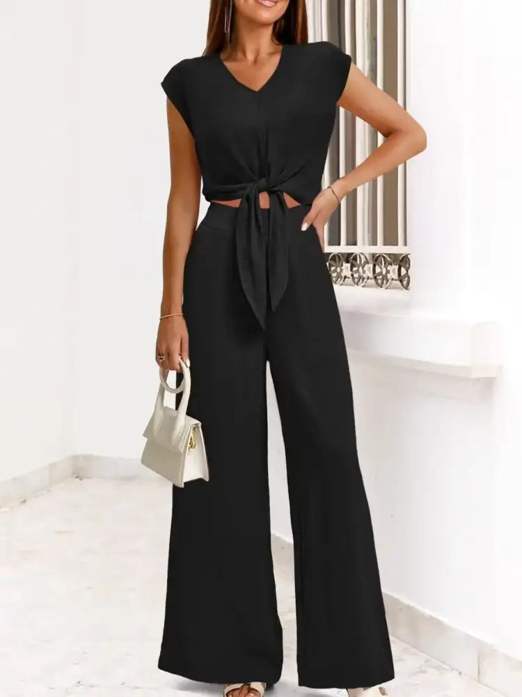 Tie Front Top and Wide Leg Pants Set