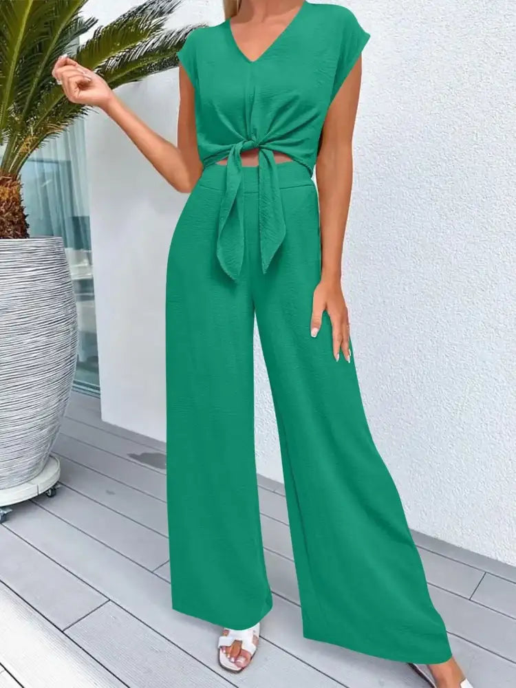 Tie Front Top and Wide Leg Pants Set