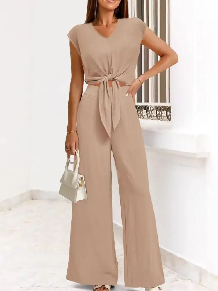 Tie Front Top and Wide Leg Pants Set
