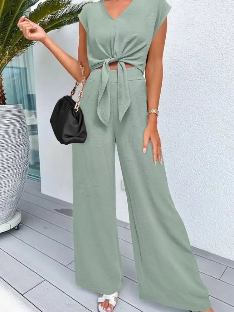 Tie Front Top and Wide Leg Pants Set