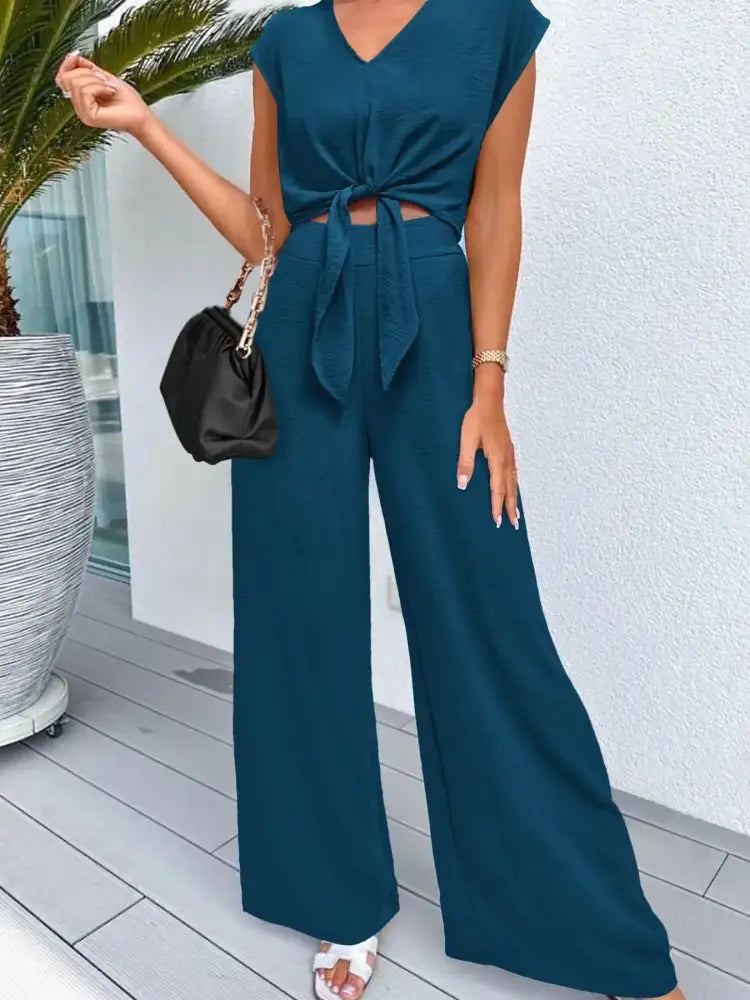 Tie Front Top and Wide Leg Pants Set