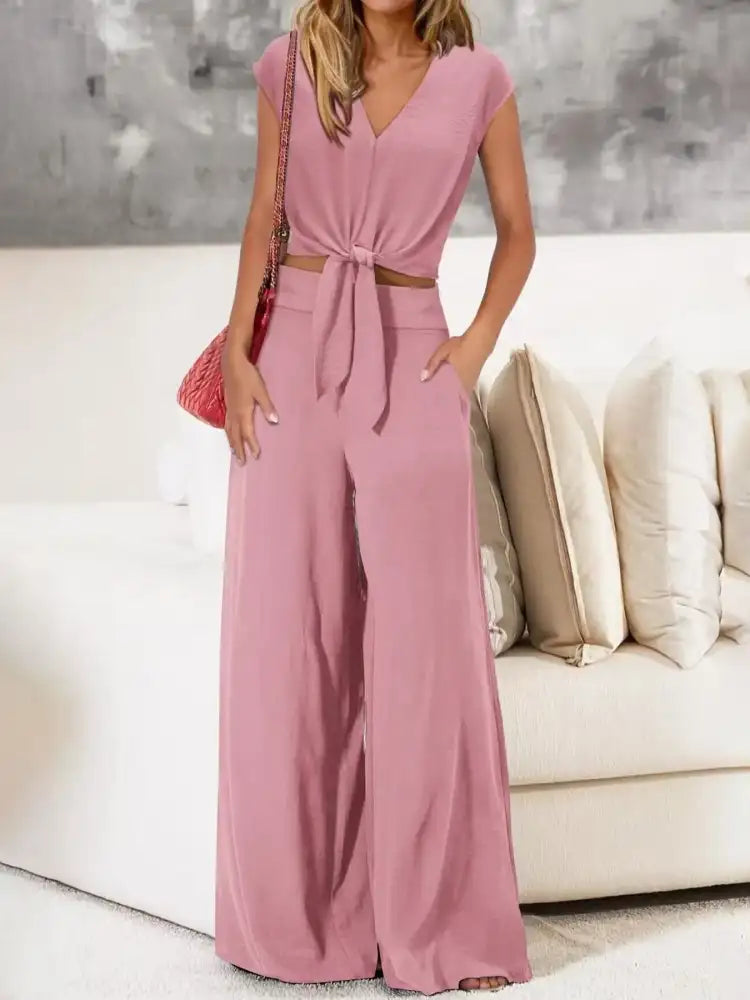 Tie Front Top and Wide Leg Pants Set