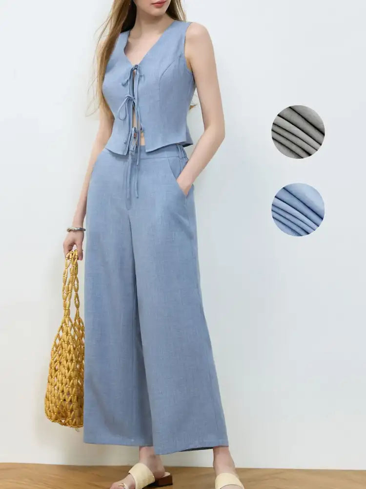 Tie Front Vest and Wide Leg Pants Set