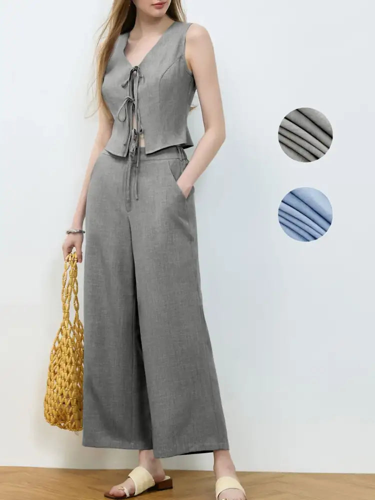 Tie Front Vest and Wide Leg Pants Set