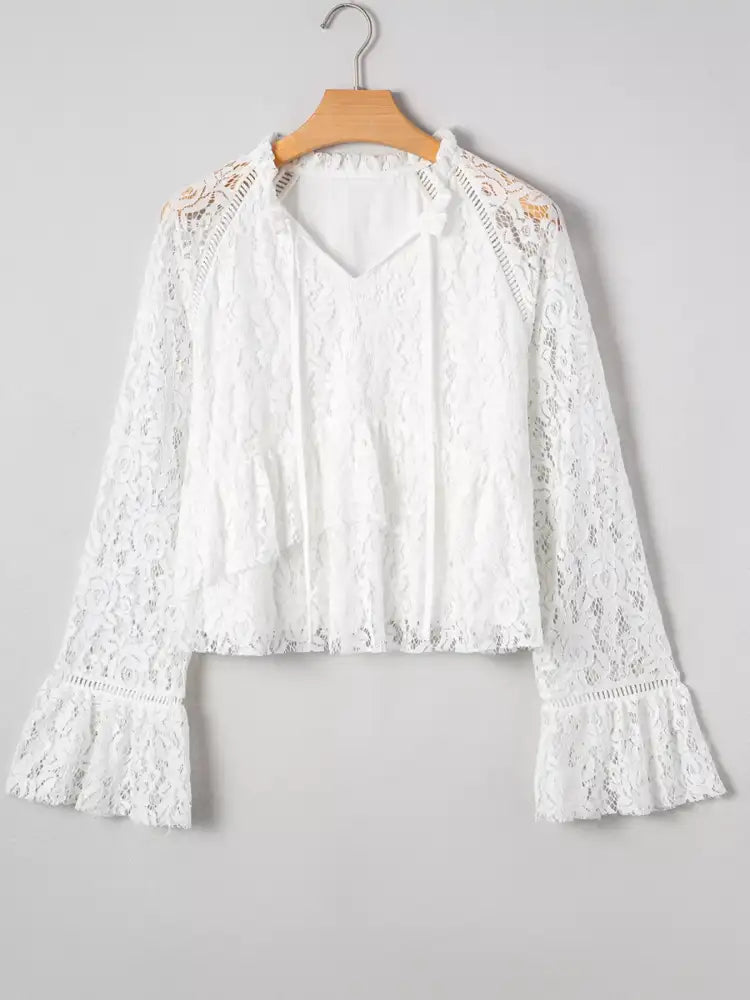 Tie Neck Lace Ruffle Detail Long Sleeve Blouse