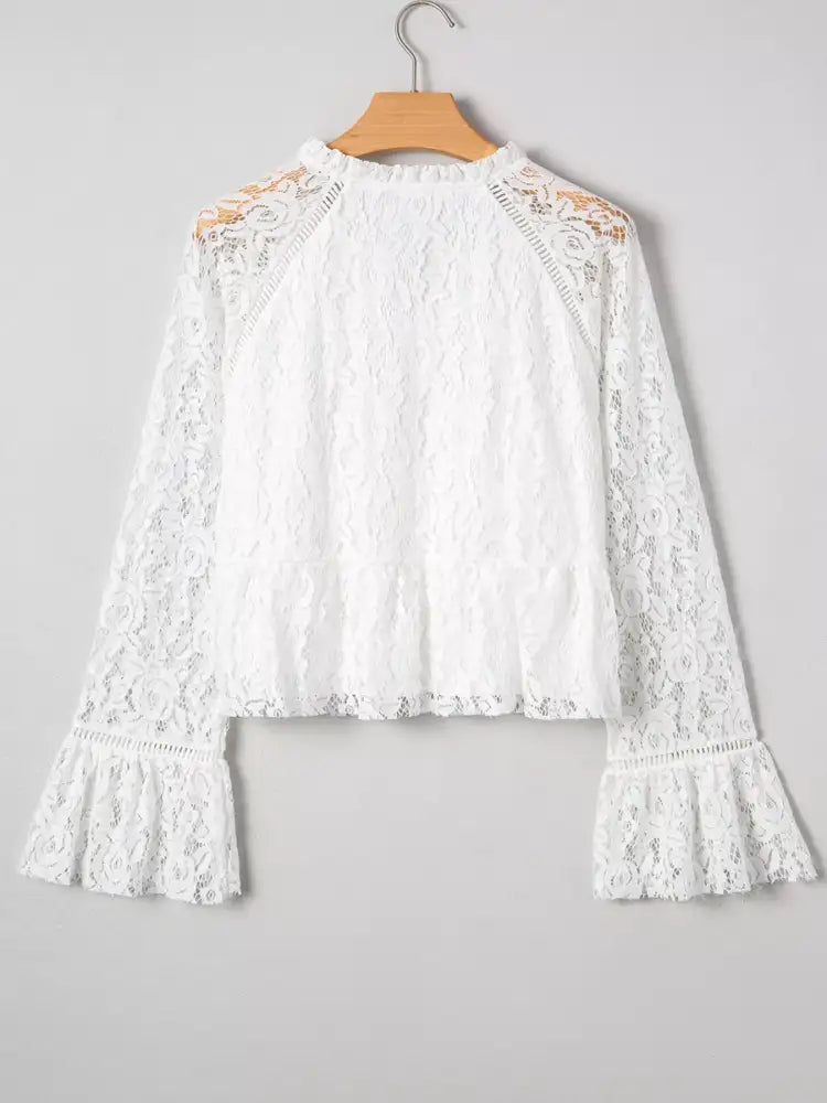 Tie Neck Lace Ruffle Detail Long Sleeve Blouse