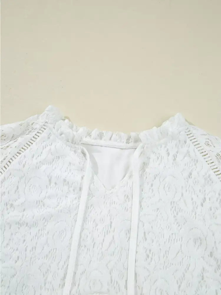 Tie Neck Lace Ruffle Detail Long Sleeve Blouse