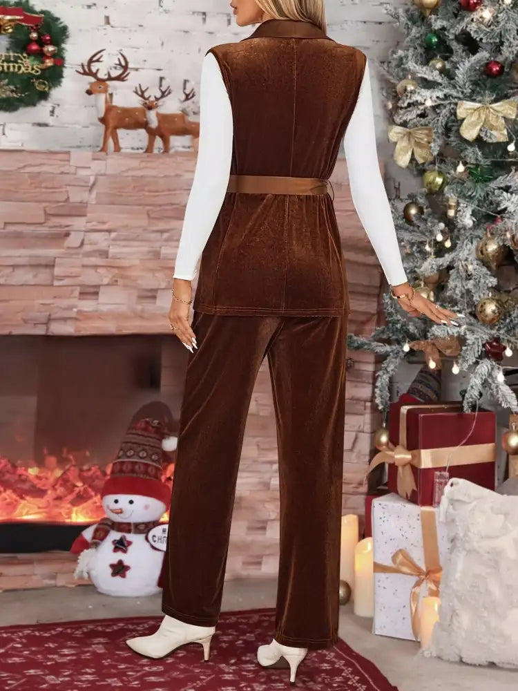 Tie Waist Velvet Vest & Pants Two-Piece Set