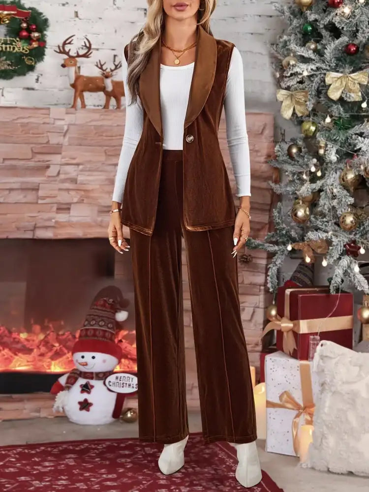 Tie Waist Velvet Vest & Pants Two-Piece Set