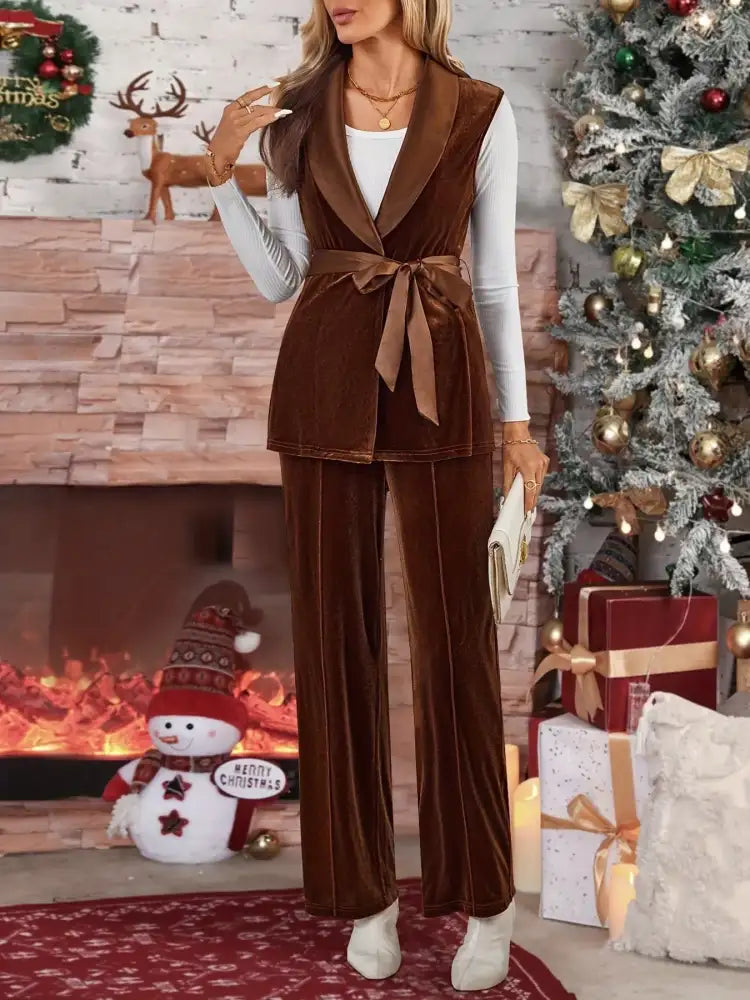 Tie Waist Velvet Vest & Pants Two-Piece Set