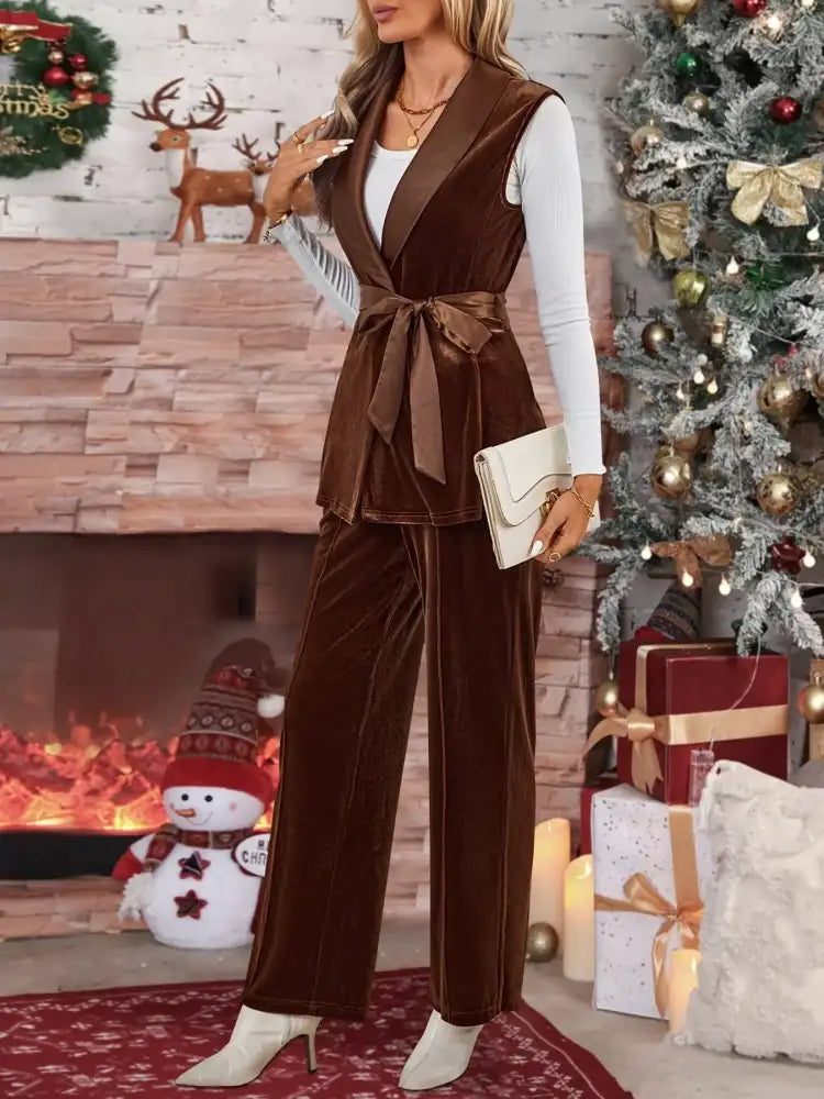 Tie Waist Velvet Vest & Pants Two-Piece Set