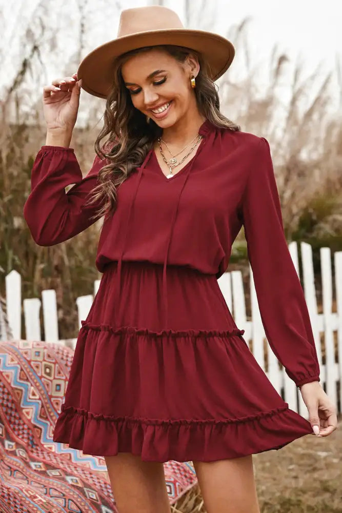 Chic Women’s Tied Frill Trim Puff Sleeve Dress