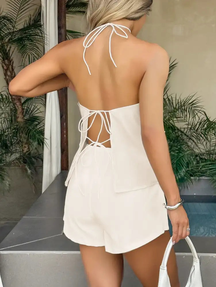 Tied Front Halter Neck Cami and Shorts Set