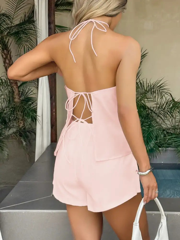 Tied Front Halter Neck Cami and Shorts Set
