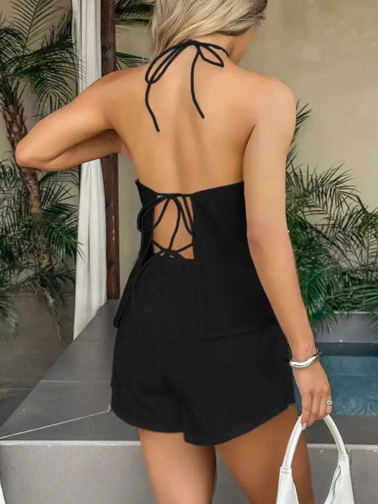 Tied Front Halter Neck Cami and Shorts Set