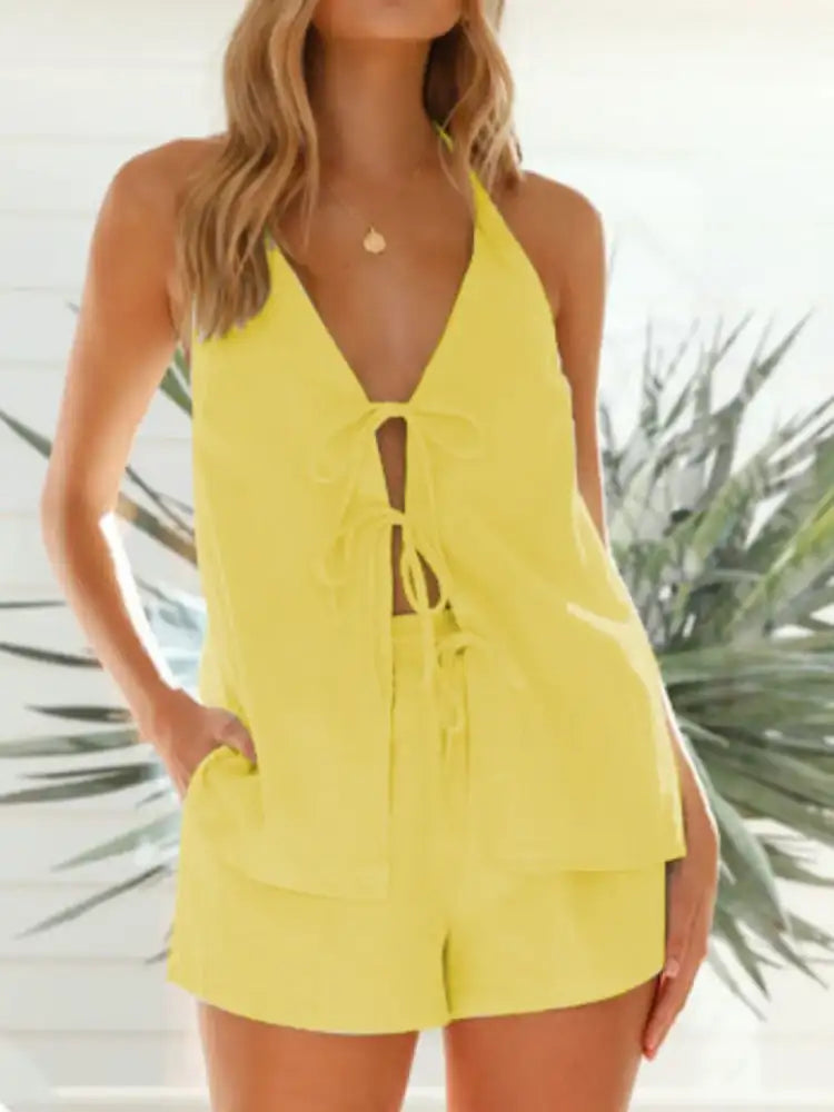 Tied Front Halter Neck Top and Shorts Set