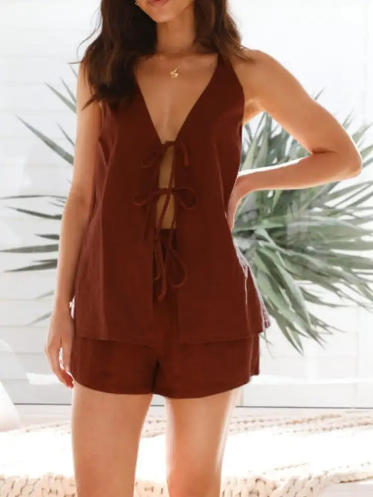 Tied Front Halter Neck Top and Shorts Set