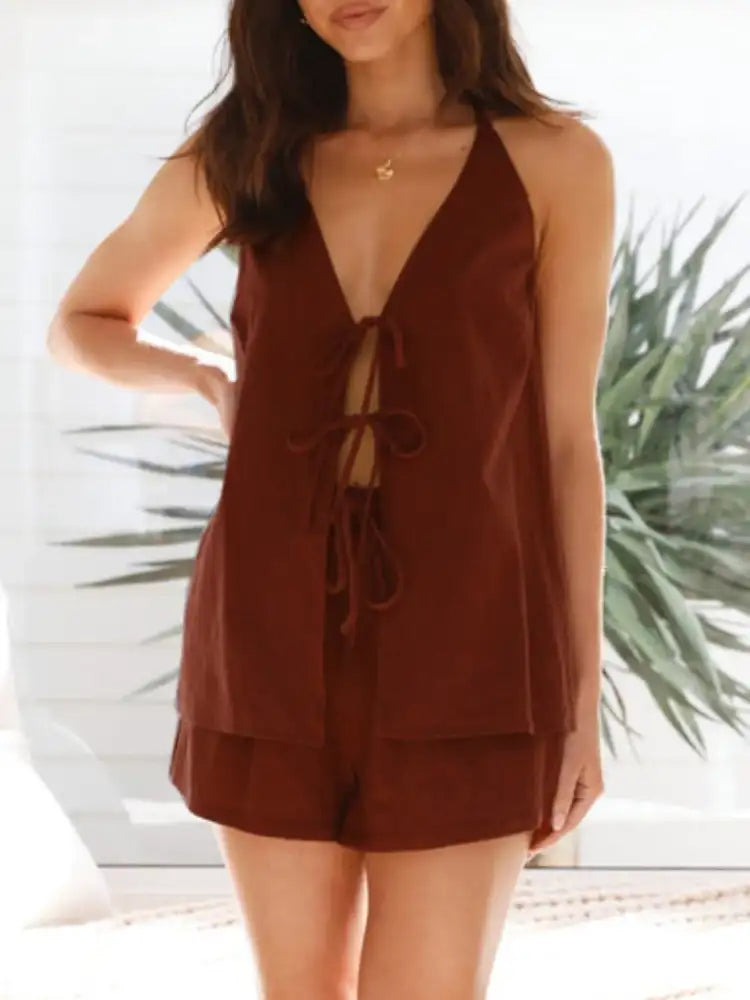 Tied Front Halter Neck Top and Shorts Set