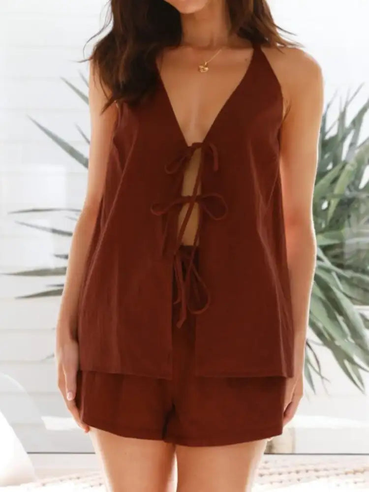 Tied Front Halter Neck Top and Shorts Set