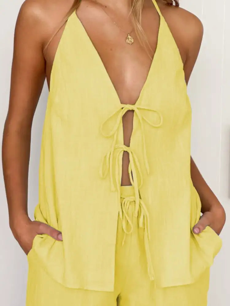 Tied Front Halter Neck Top and Shorts Set