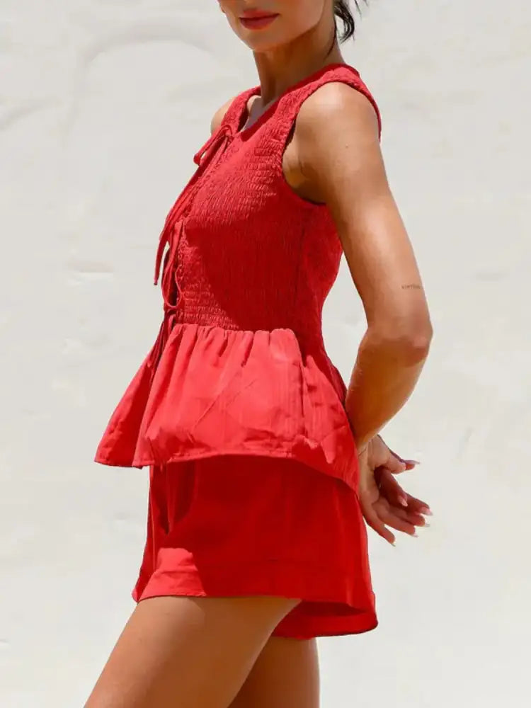 Tied Front Smocked Top and Shorts Set