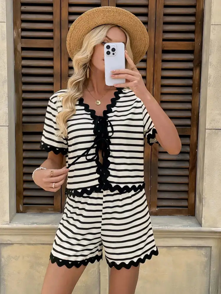 Tied Front Striped Top and Shorts Set